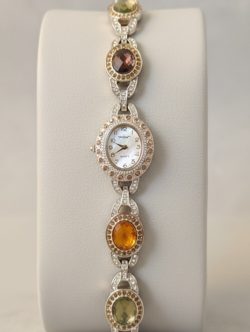 Silver-Tone Multi-Stone Bracelet Watch with Amber & Olive Accents